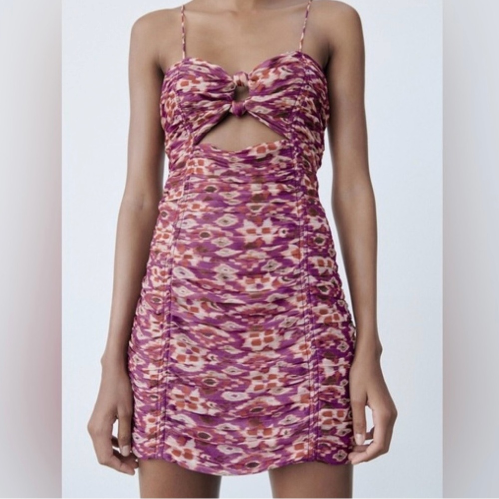 ZARA Ruched Cutout Mini Dress Purple Print - SIZE M (NEW)